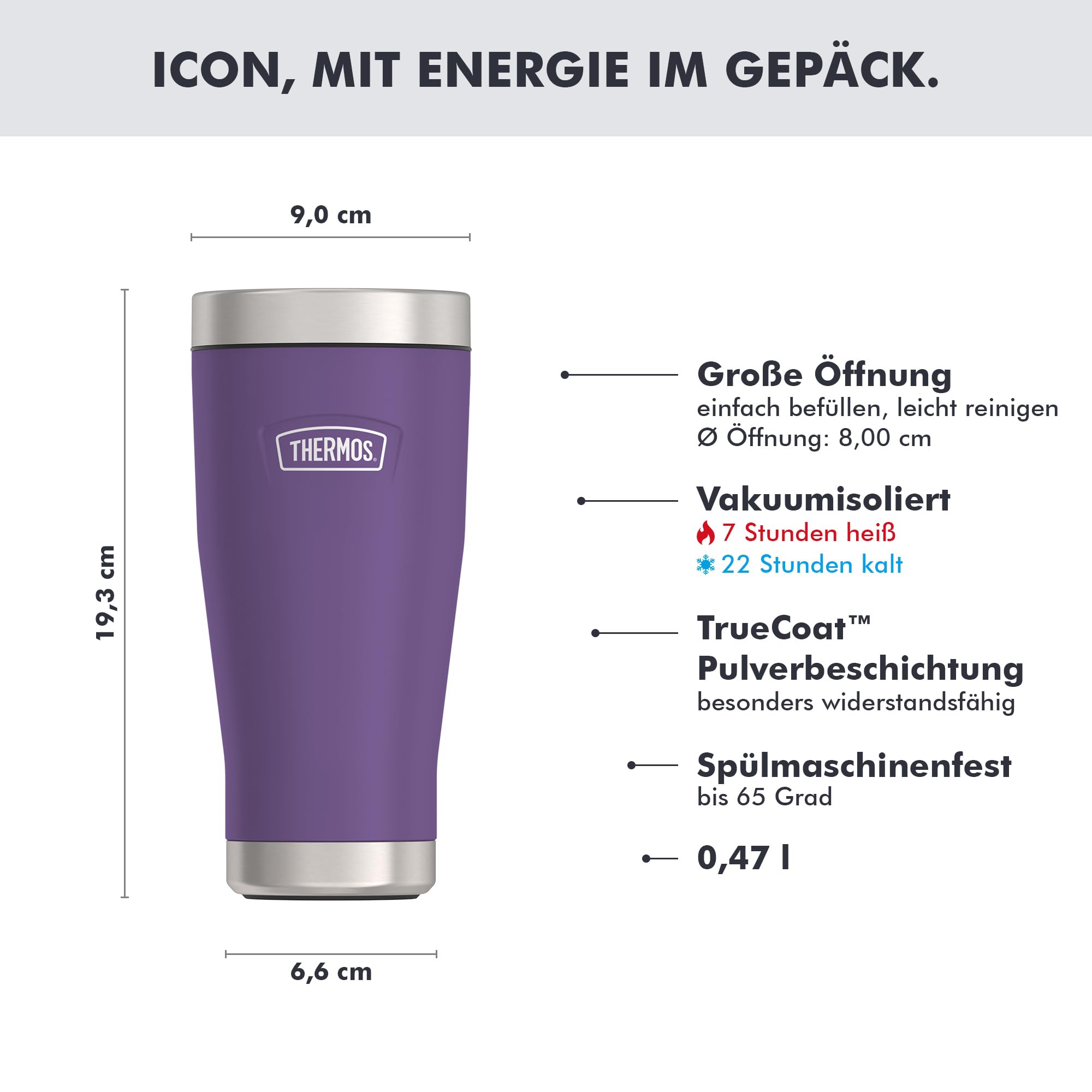 Thermos ICON Thermobecher 0,47 l, 7 h heiß, plum mat | 22 h kalt, auslaufsicherer Edelstahl-Isolierbecher, Kaffeebecher To Go, spülmaschinenfest, für Büro & unterwegs, lila