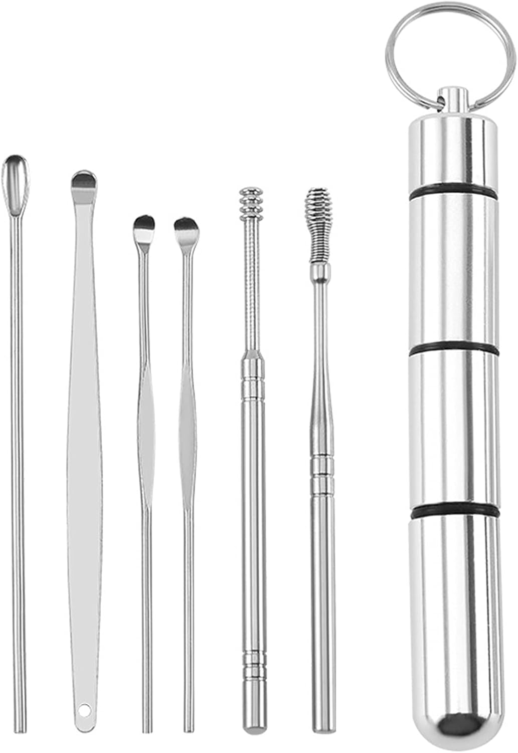 JeoPoom 6 Piezas Limpiador de Oídos, Juego de Limpieza de Oídos Portátil, Cuchara para Oído, Acero Inoxidable ear Cleaner con Caja de Almacenamiento, para Niños, Adolescentes y Adultos(Plata)