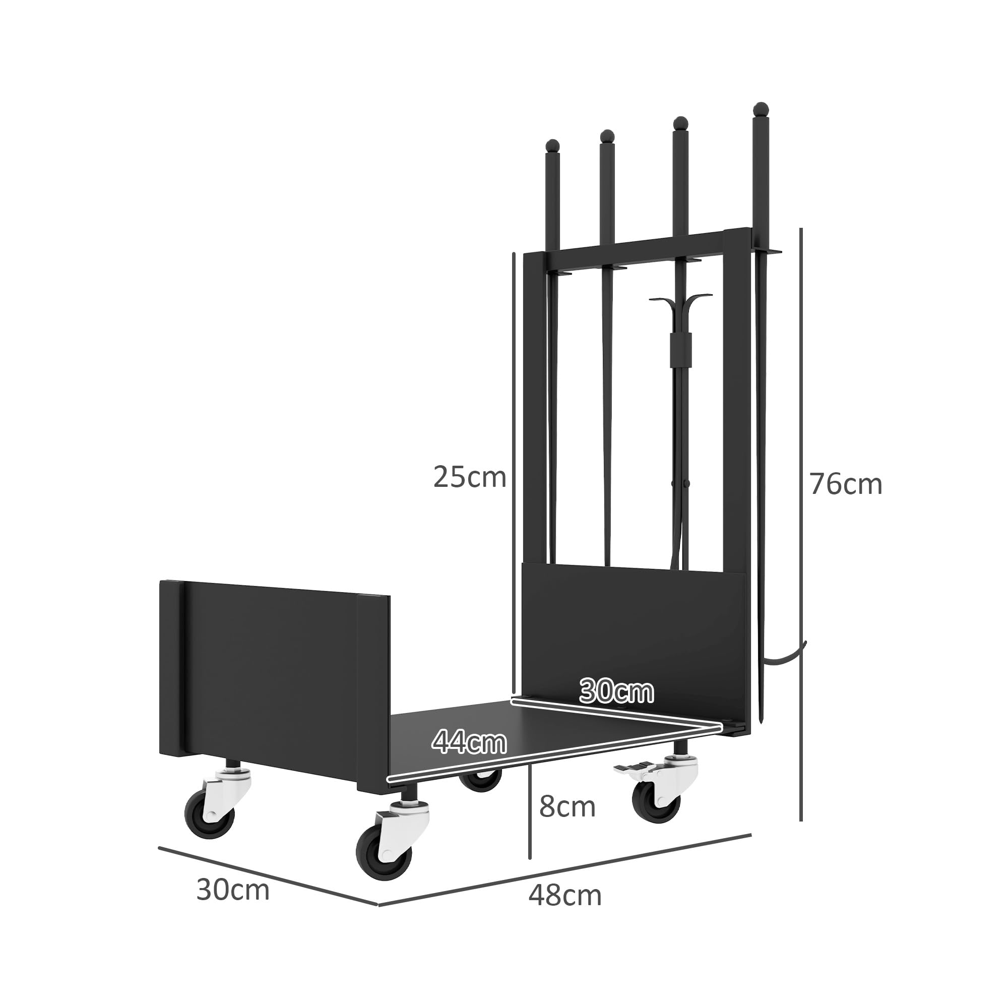 Outsunny Soporte para Leña con Ruedas Estante de Leña Metálico Leñero de Exterior con Pala Escoba Atizador y Tenazas 48x30x76 cm Negro