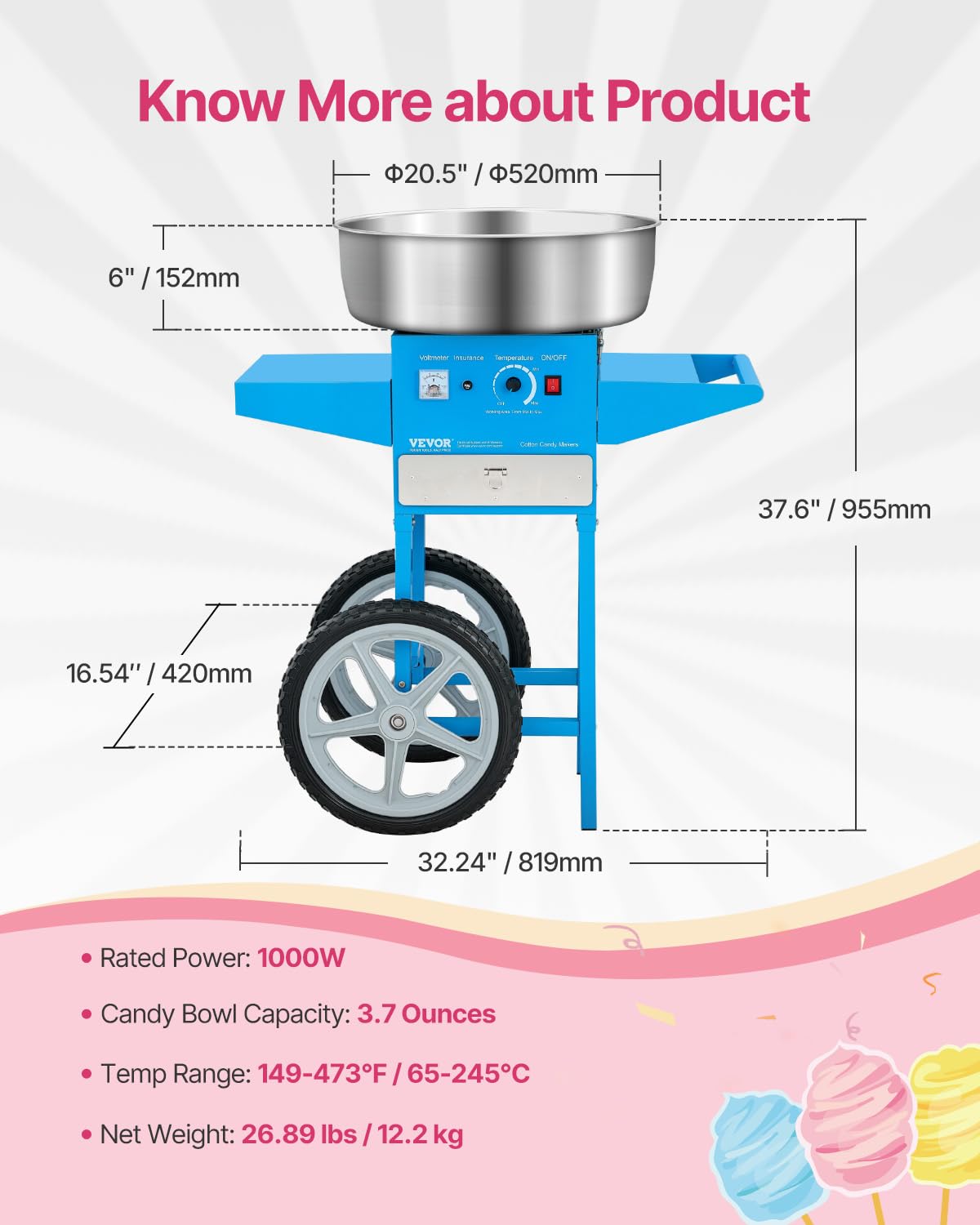 VEVOR Máquina Eléctrica de Algodón de Azúcar con Carro, 1000 W, con Recipiente de Acero Inoxidable de 52 cm, con Cuchara, para Hogar, Cumpleaños, Fiestas Familiares, Azul, 819 x 520 x 855 mm