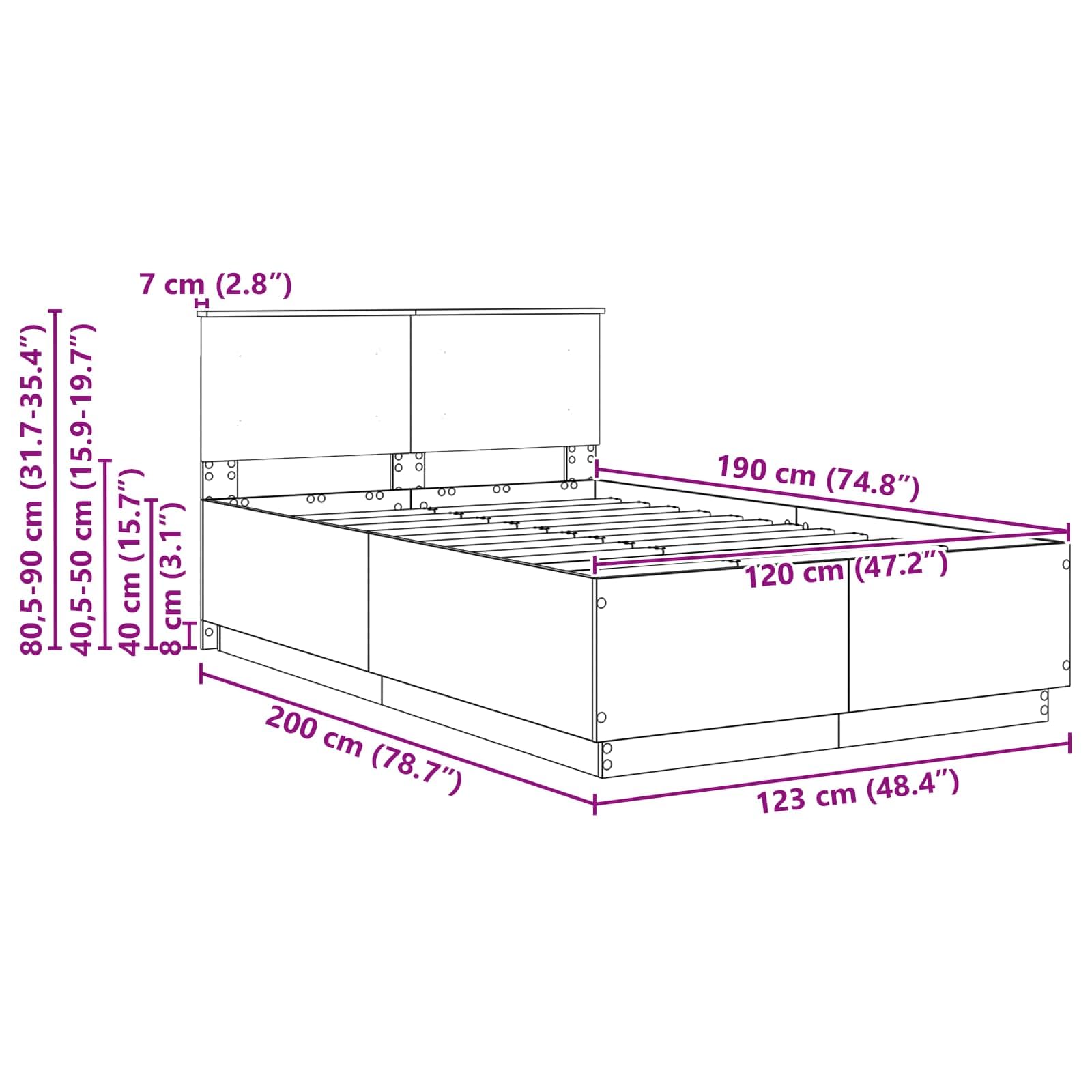 Telaio per letto in legno di rovere affumicato, 120 x 190 cm, con testiera regolabile, illuminazione a LED, porta USB, moderno set di mobili per camera da letto, durevole
