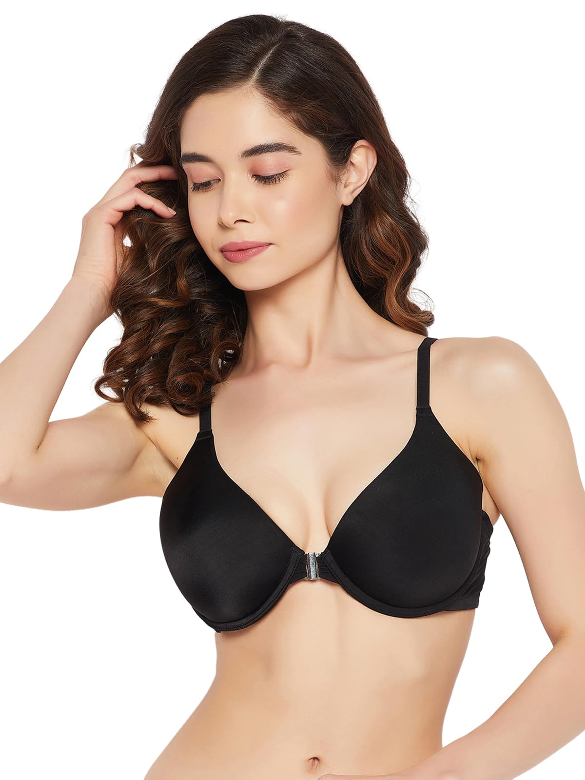 clovia Women's Polyamide Solid Lightly Padded Demi Cup Underwired Plunge Bra - Black-picture-13