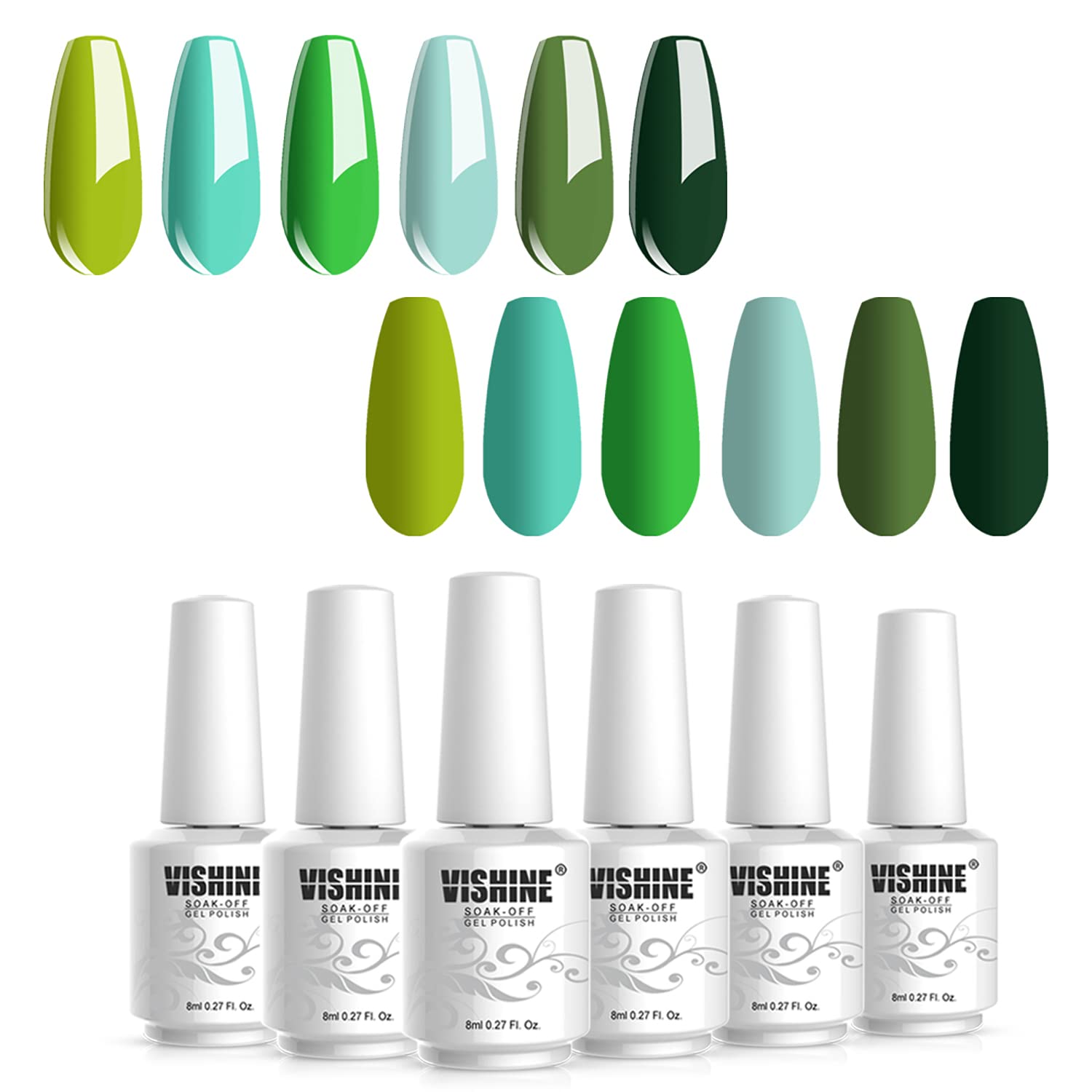 Vishine 6Pcs Soak Off LED UV Gel Nail Polish Varnish Nail Art Starter Kit Beauty Manicure Turquoise Green Collection Set 8ml