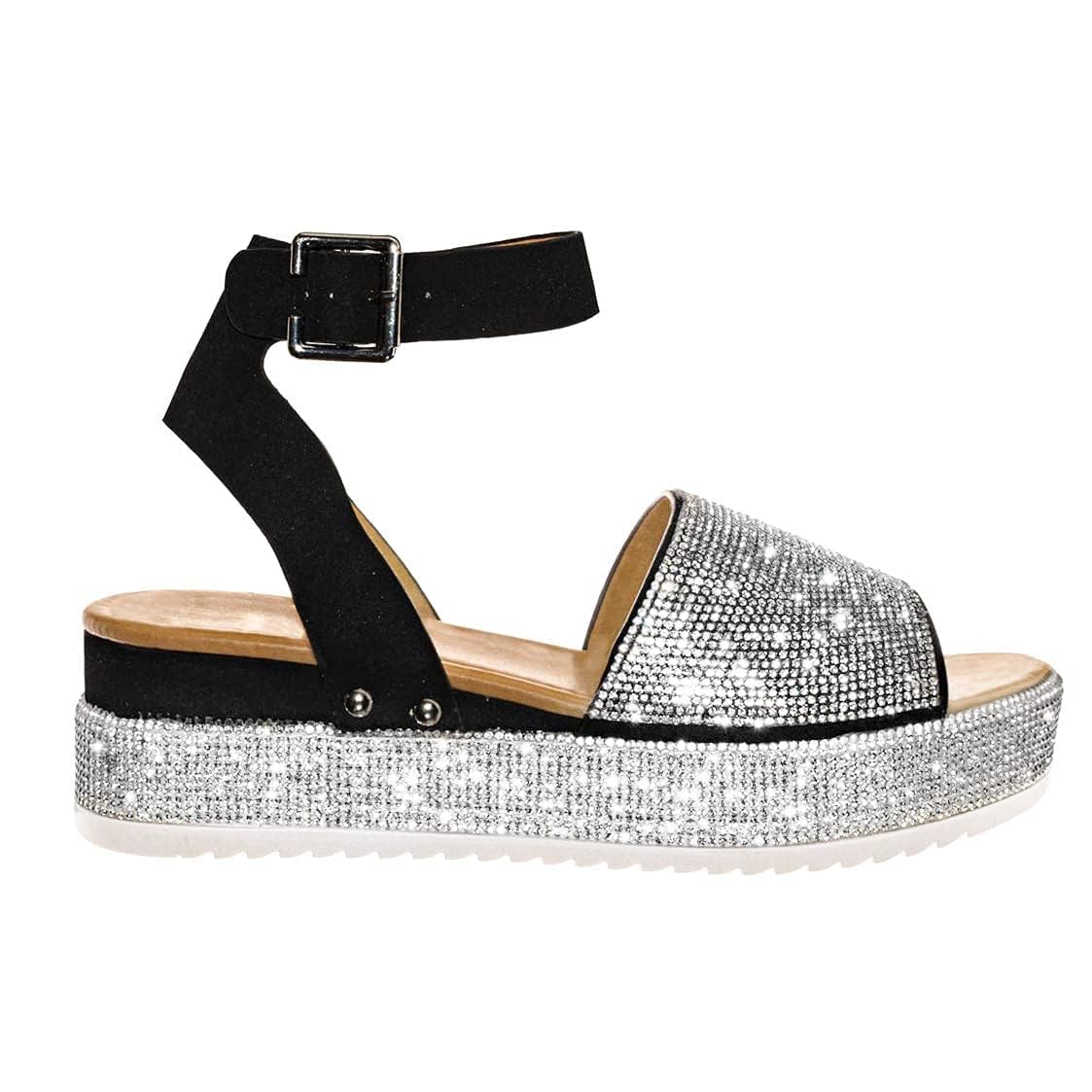 SACFOF Sandalias de plataforma con diamantes de imitación para mujer, con correa de tobillo, hebilla de cristal, sandalias de plataforma de verano, puntera abierta, sandalias de cuña