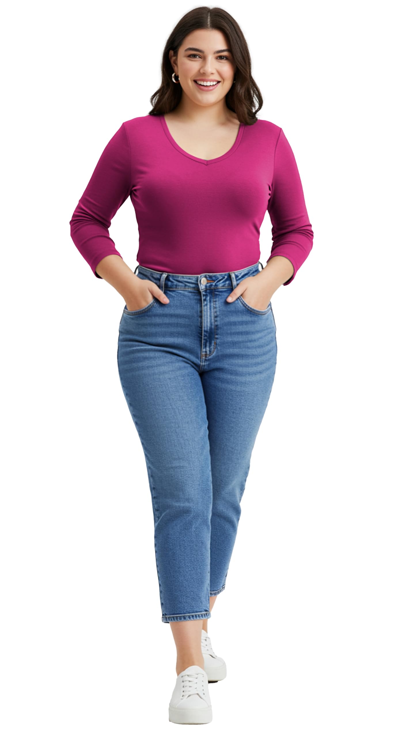 Emmalise T-shirt à manches longues et col en V pour femme Junior et grande taille