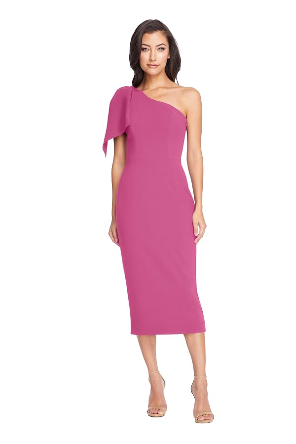 Dress the Population Women's Tiffany Asymmetrical Bow Neckline Bodycon MIDI Dress, Hibiscus, Small by Dress the Population - Used condition - Image 2