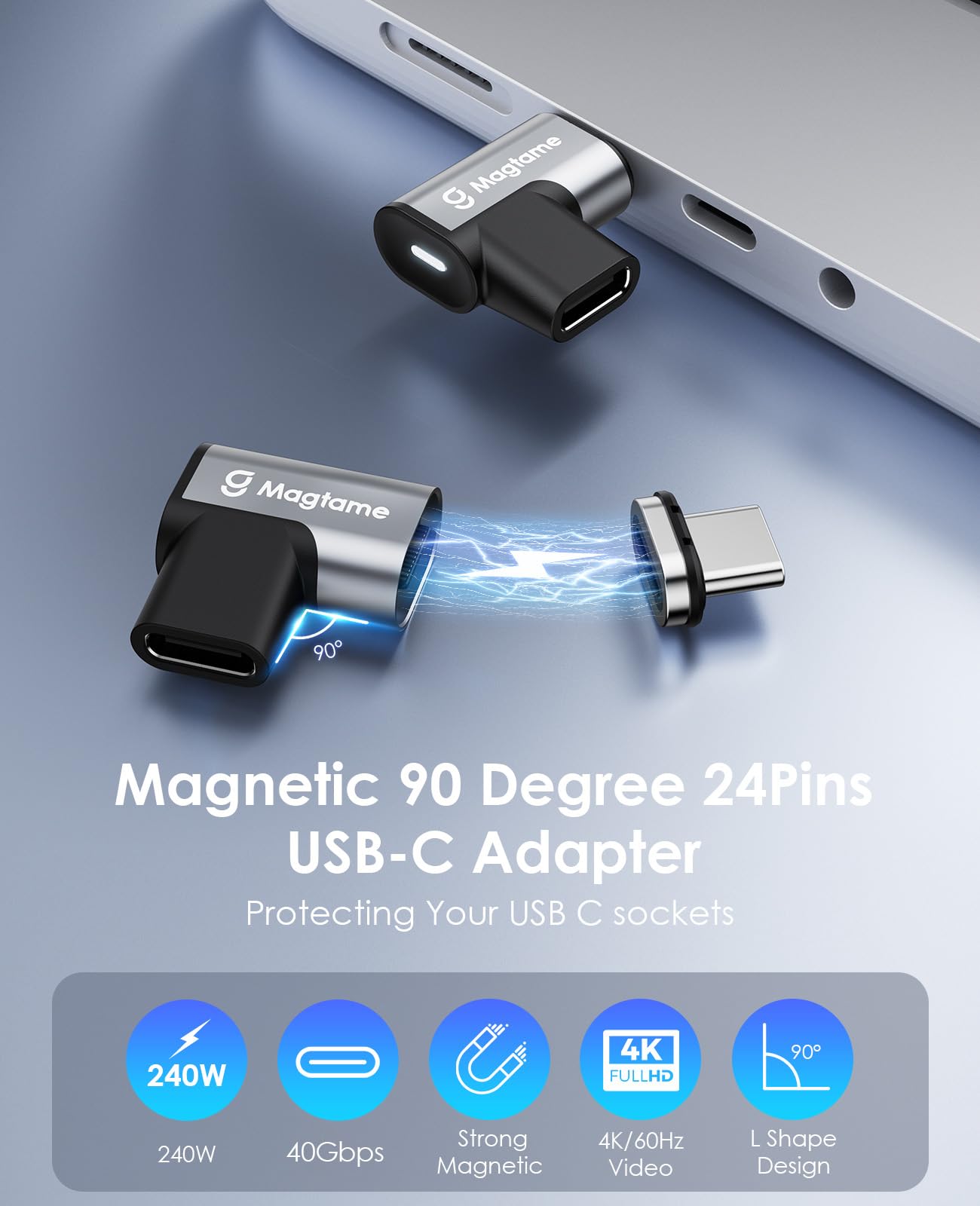 Magtame Magnetische USB-C-adapter,2 stuks 240 W mannelijk vrouwelijk, gegevensoverdracht 20 Gbit/s, 90 graden hoek adapter type C, 4K video-uitgang, compatibel met i-Phone 15 16
