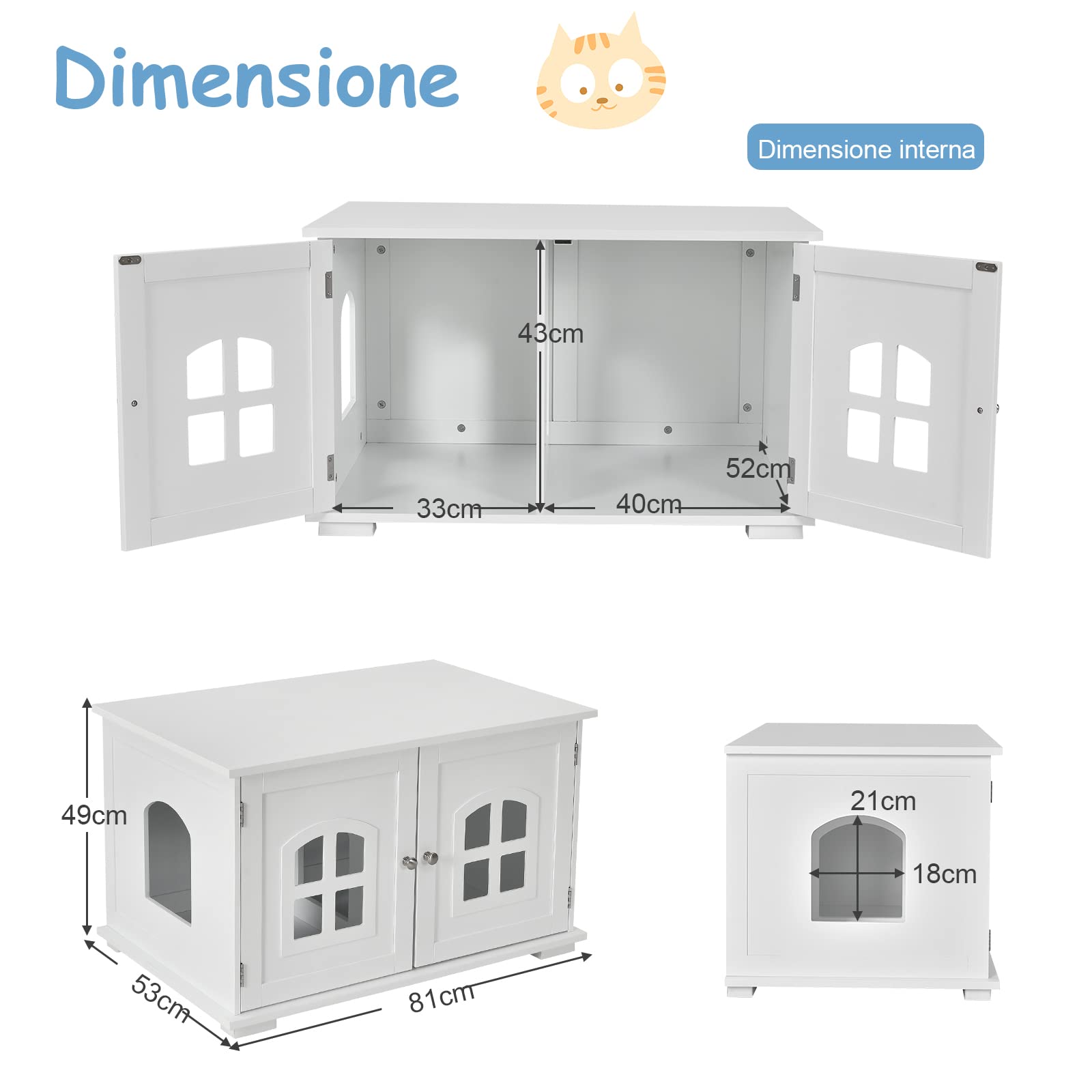 COSTWAY Casetta-comodino per Gatti con Doppie Porte e Finestre, Casetta Decorativa Ventilata per Domestici, 81 x 53 x 49 cm (Bianco)