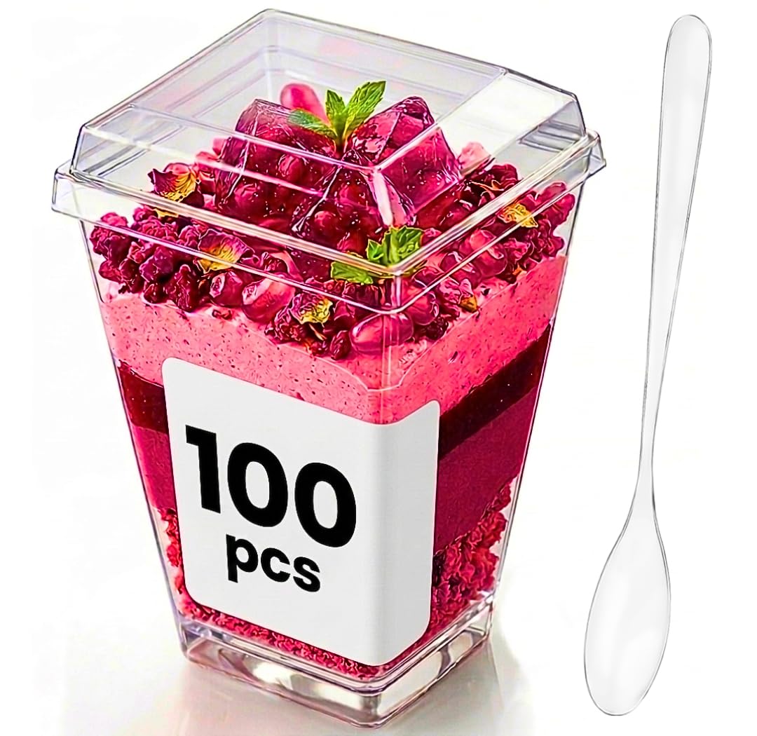 Amazon.com | Crystry 100 Pack 5 oz Plastic Dessert Cups with Lids and  Spoons Clear Mini Parfait Cups Dessert Shooter Cups for Party Pudding  Mousse Tiramisu Trifle Yogurt BPA Free Vasitos para