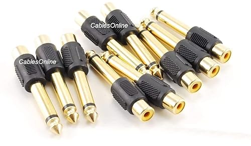 CablesOnline, paquete de 10 conectores RCA hembra a 0.250 in (1/4 pulgadas) mono macho adaptador de audio, chapado en oro, AV-A21K-10