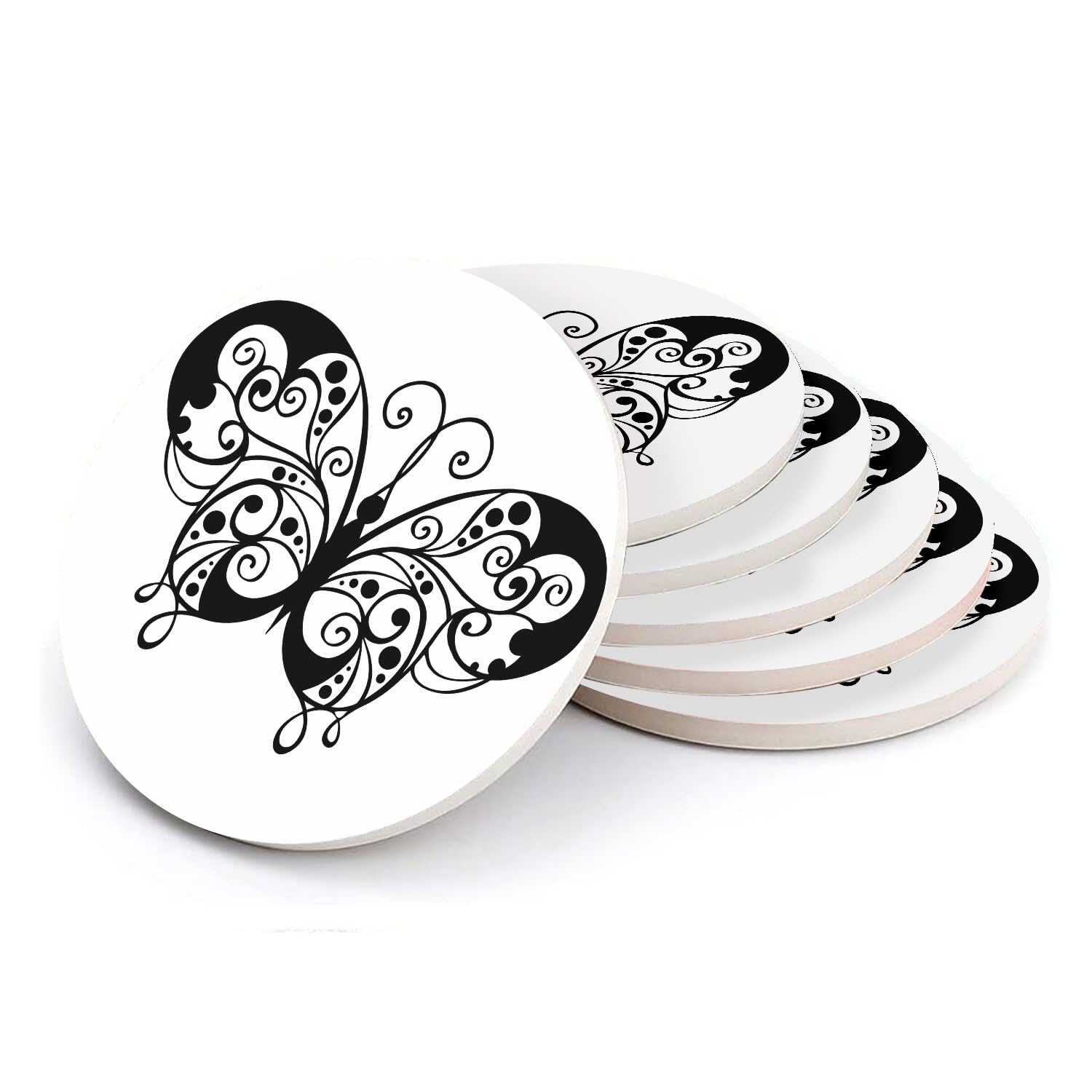 Sous verre ronds en céramique lot de 6 avec dessin de papillon noir