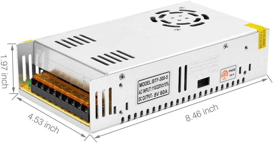 AC100-240V to DC5V60A Max300W Switching Power Supply Device Transformer Adapter Converter for LED Strip/String/LED Matrix,CCTV Camera,Security System,Radio,Cats