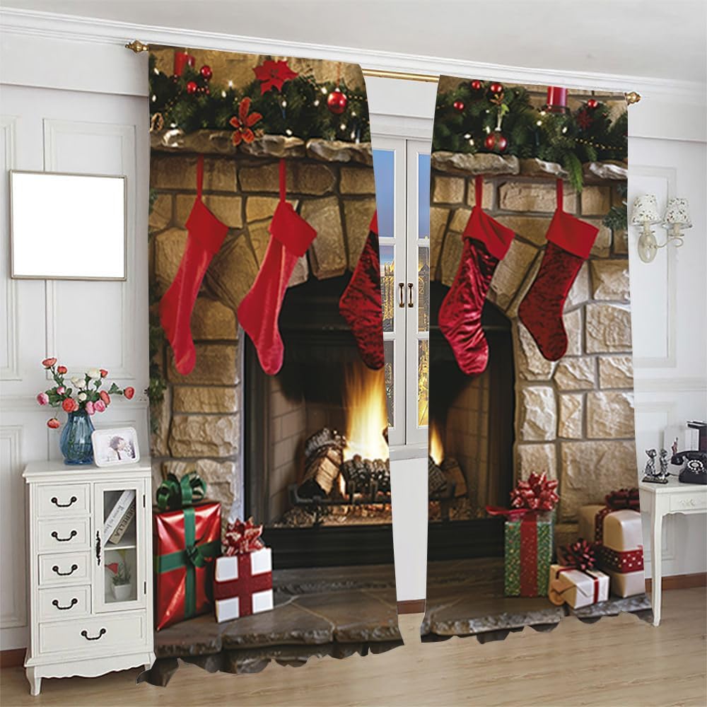 Vintage Mid Century Castle Xmas Blackout Curtains for Bedroom Rustic Watercolor Bonfire Western Merry Christmas Holiday Heat Insulating Blackout Curtains For Living Rroom 2 Panels 54"L x 21"W