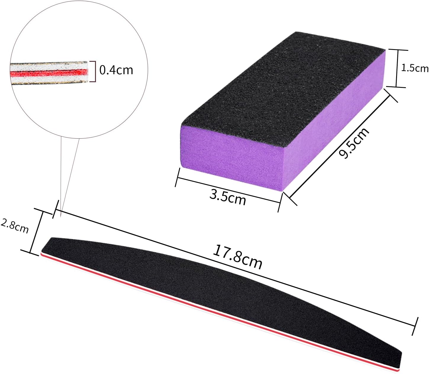 LNAUJS Nail File and Thin Buffer Block, Reusable Black Half Crescent Shape Double Sided Manicure Tools, Thin Sanding Buffing Grinding Plisher File, 100/180 Grit