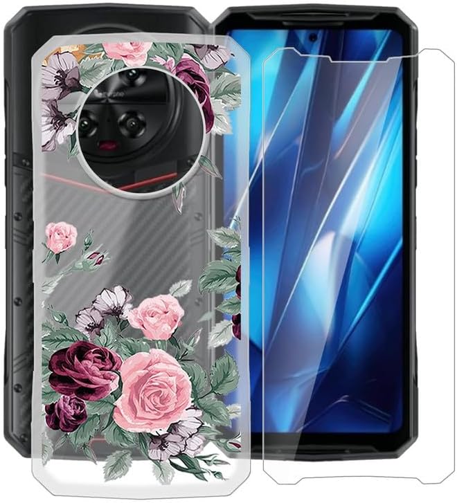 Phone Case + Screen Protector for Doogee DK10 (6.67"), Ultra Thin Shockproof Soft Silicone Clear Cover for Doogee DK10 Case with Tempered Glass - Red Rose