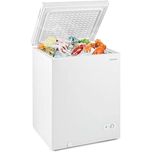 COSTWAY 5 Cu.Ft Compact Chest Freezer, Quiet Deep Fridge Freezer with 7-Gear Adjustable Temperature & Removable Storage Basket, Freestanding Top Open Door for Home, Kitchen, Apartment, White