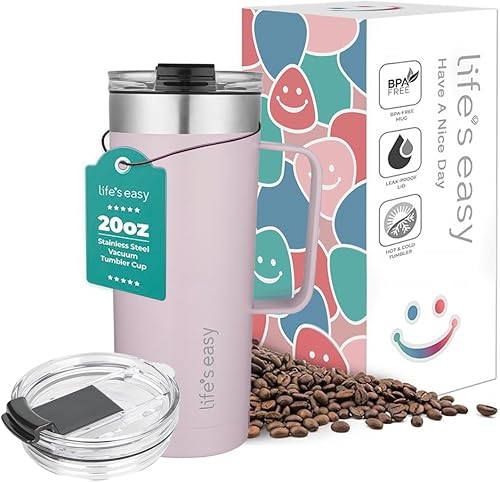 Life's Easy Taza de acero inoxidable de 20 onzas con asa, vaso de viaje aislado de doble pared con tapa abatible, vaso a prueba de fugas, vaso