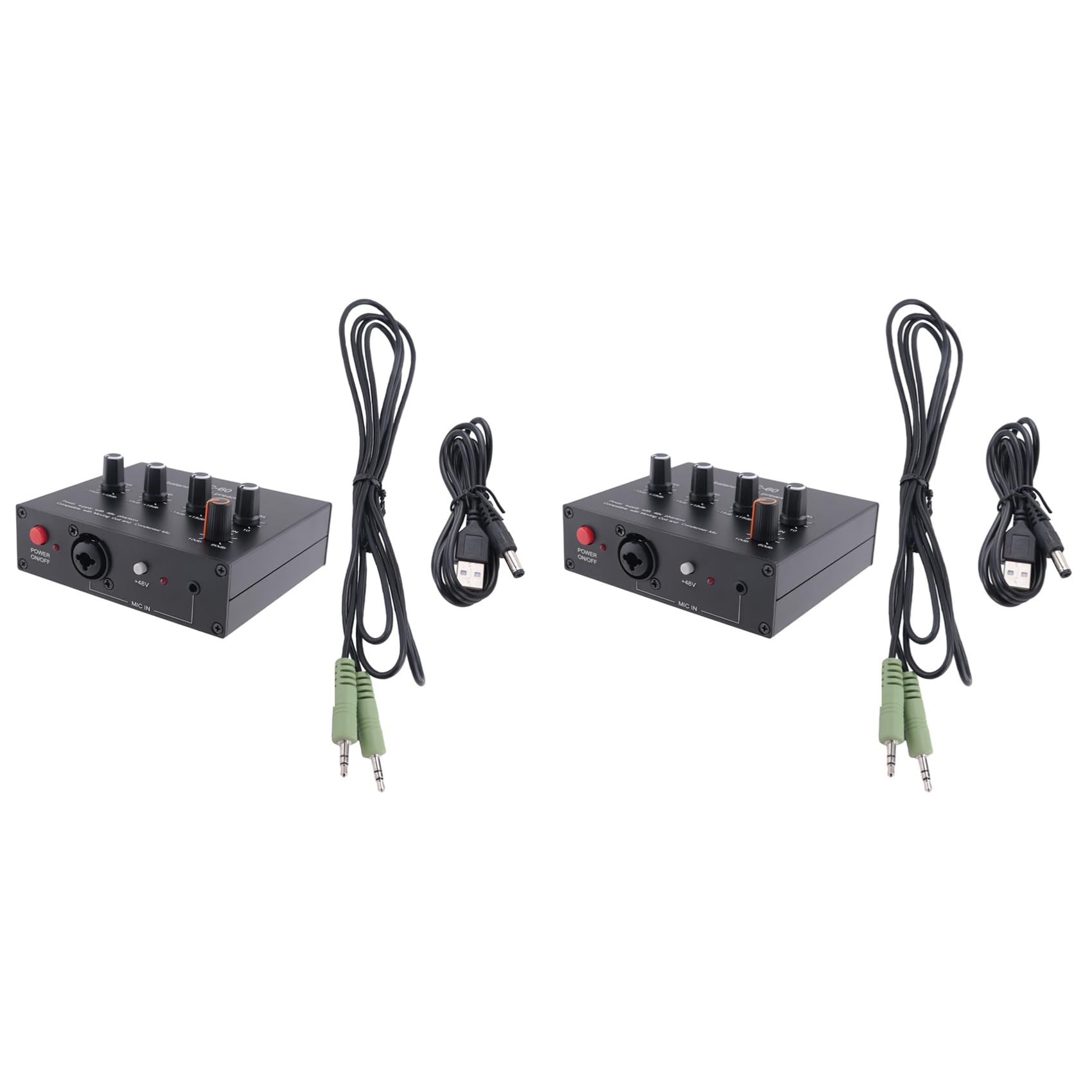 Lot de 2 égaliseurs MIC-60 à 3 bandes, préamplificateur de microphone symétrique, préamplificateur de microphone avec câble CC et câble de 3,5 mm