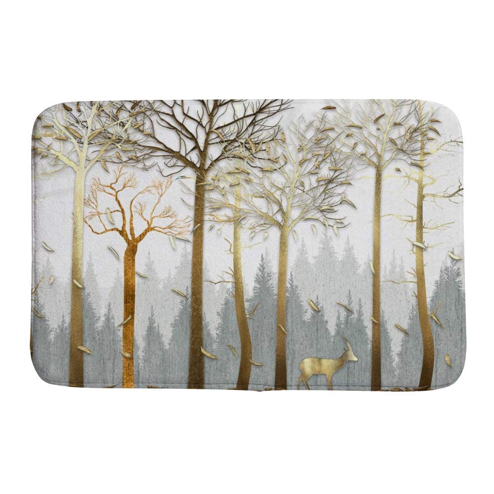 Tapis de bain 91 x 61 cm antidérapant avec motif cerf et arbres dorés Ruchen