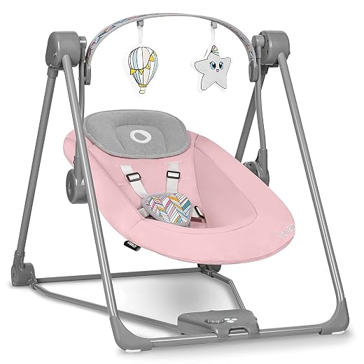 LIONELO Otto Elektrische Baby Wipstoel – Schommelstoel voor Kinderen 0-9 kg | Geluidloze Werking | Zacht Kussen | Timer | 5 Schommel snelheden | Interactieve Speelboog | Compact Opvouwbaar