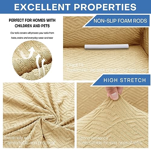 XINEAGE 2 Seater Stretch Sofa with Armrests for the Living Room Universal Cover, Non-Slip for Dogs and Pets Beige - Image 3