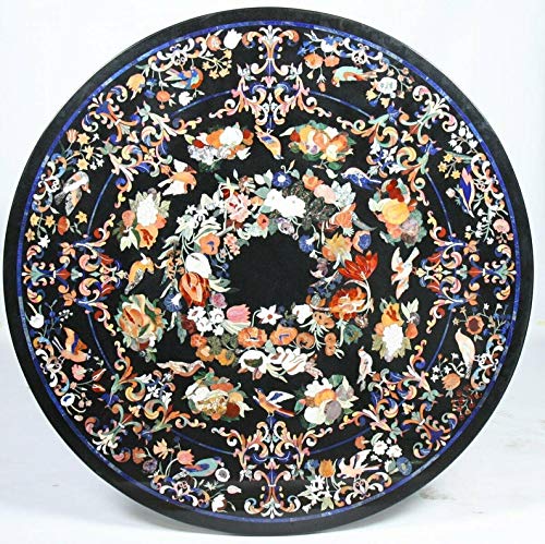 Hariom Handicraft Export Black Marble Top Dining Table Multi Stone Handmade Mosaic Inlay Art Decors
