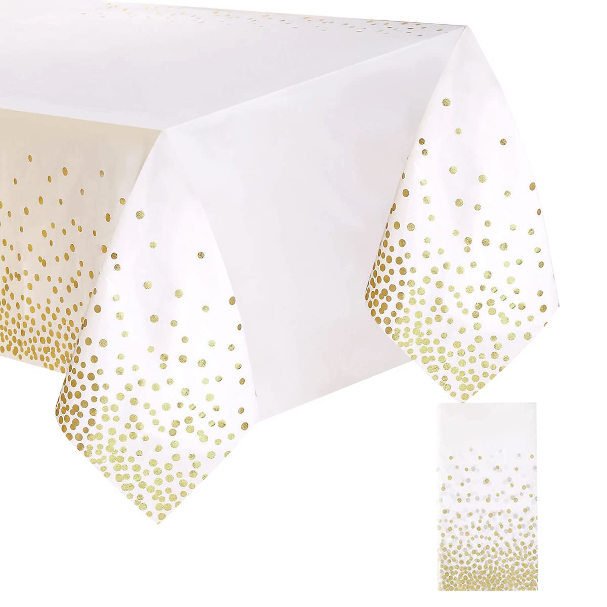 Mantel de plástico blanco y dorado, 54 x 108 pulgadas, mantel rectangular desechable con puntos, adecuado para fiestas de cumpleaños, graduación y mantel de restaurante