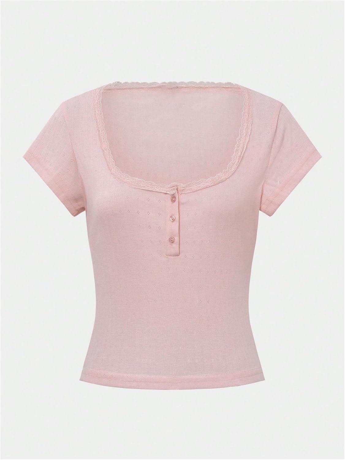 SHENHE Women's Y2k Square Neck Henley Shirt Button Up Lace Trim Short Sleeve Coquette Going Out Top - Image 5