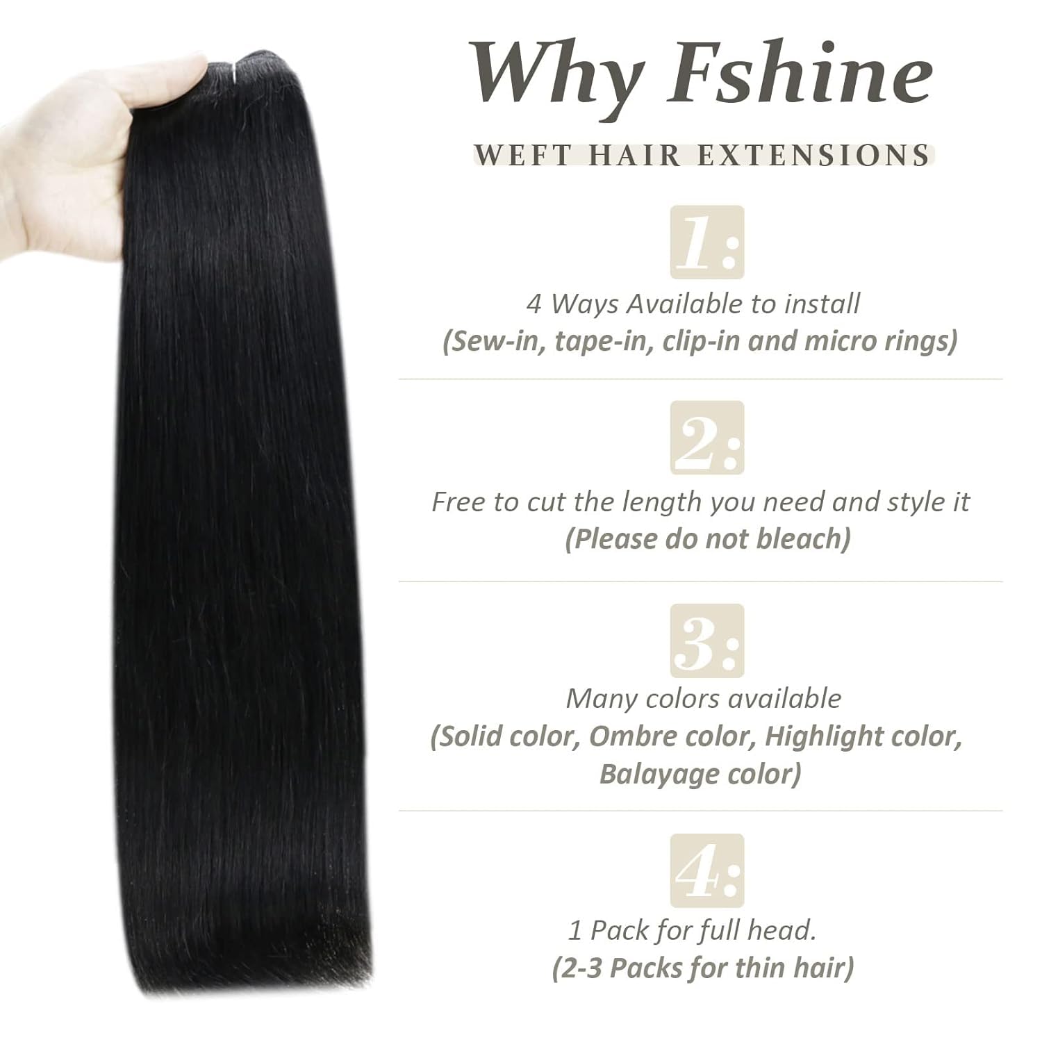 Fshine Real Human Hair Weaving Extensions,20 Inch 100 g,Color 1 Jet Black,Invisible Seamless Natural,No Damage Wear,for Hairstylists Salon Professionals,for Women - Image 4