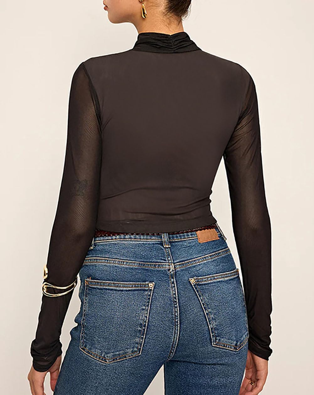 Long Sleeve Mesh Crop Tops for Women Criss Cross See Through Black Sheer Ruched Blouse Sexy Slim Fit Tee Shirt - Image 2