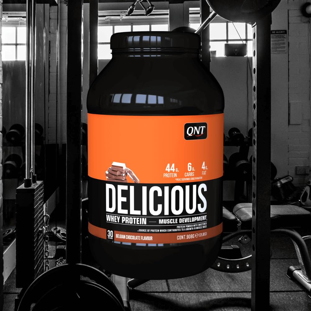 QNT Delicious Whey chocolat belge, Whey Protéine avec de l'isolat en poudre, développement & récupération musculaire, sans gluten, faible en glucide, graisse et lactose, 908g, 30 doses