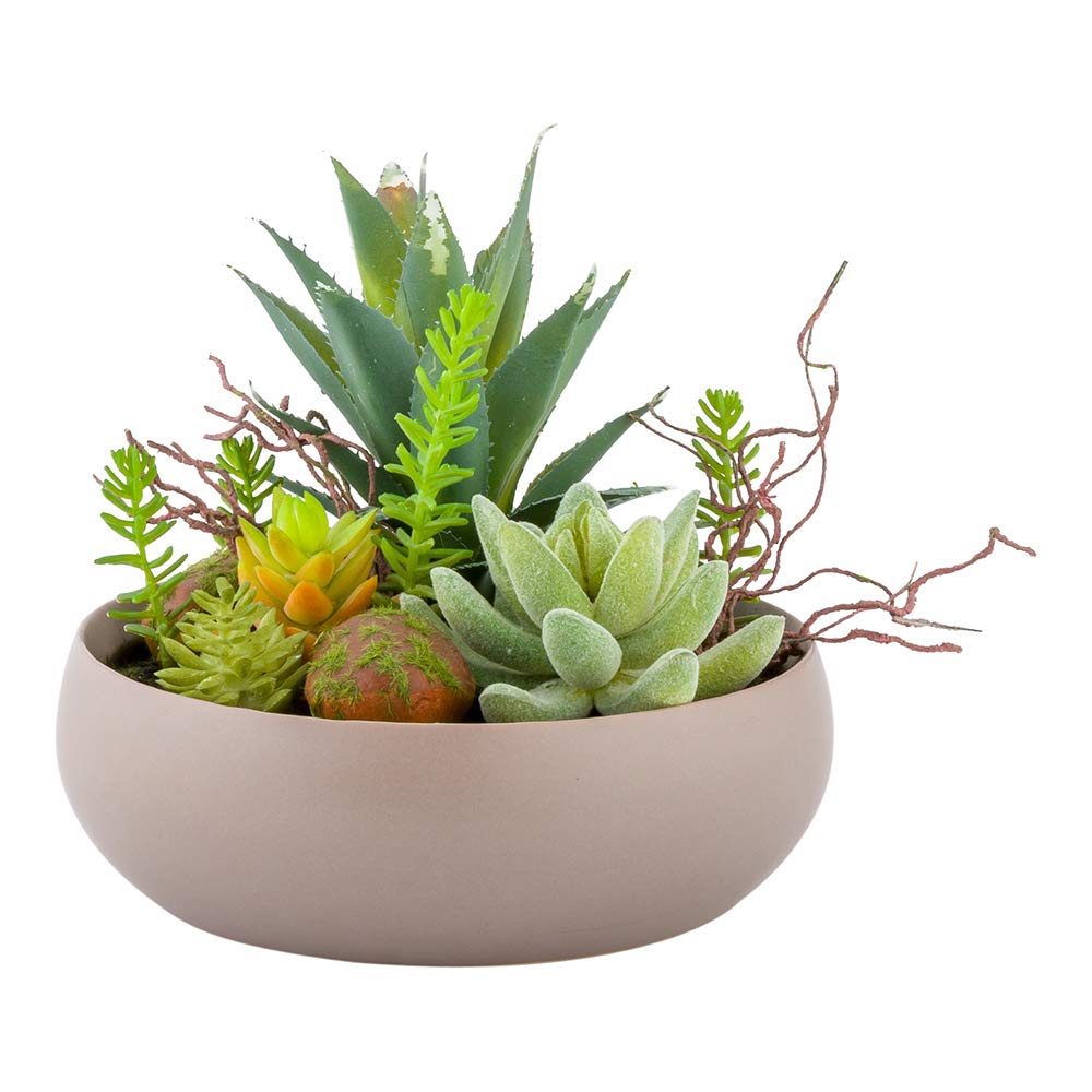 Restaurantware 6 x 5.25 Inch Faux Succulent Arrangement 1 Realistic Artificial Succulent - In Helio Porcelain Planter Use As Table Decor Shelf Decor Or Centerpiece Taupe Plastic Fake Desk Plant Round