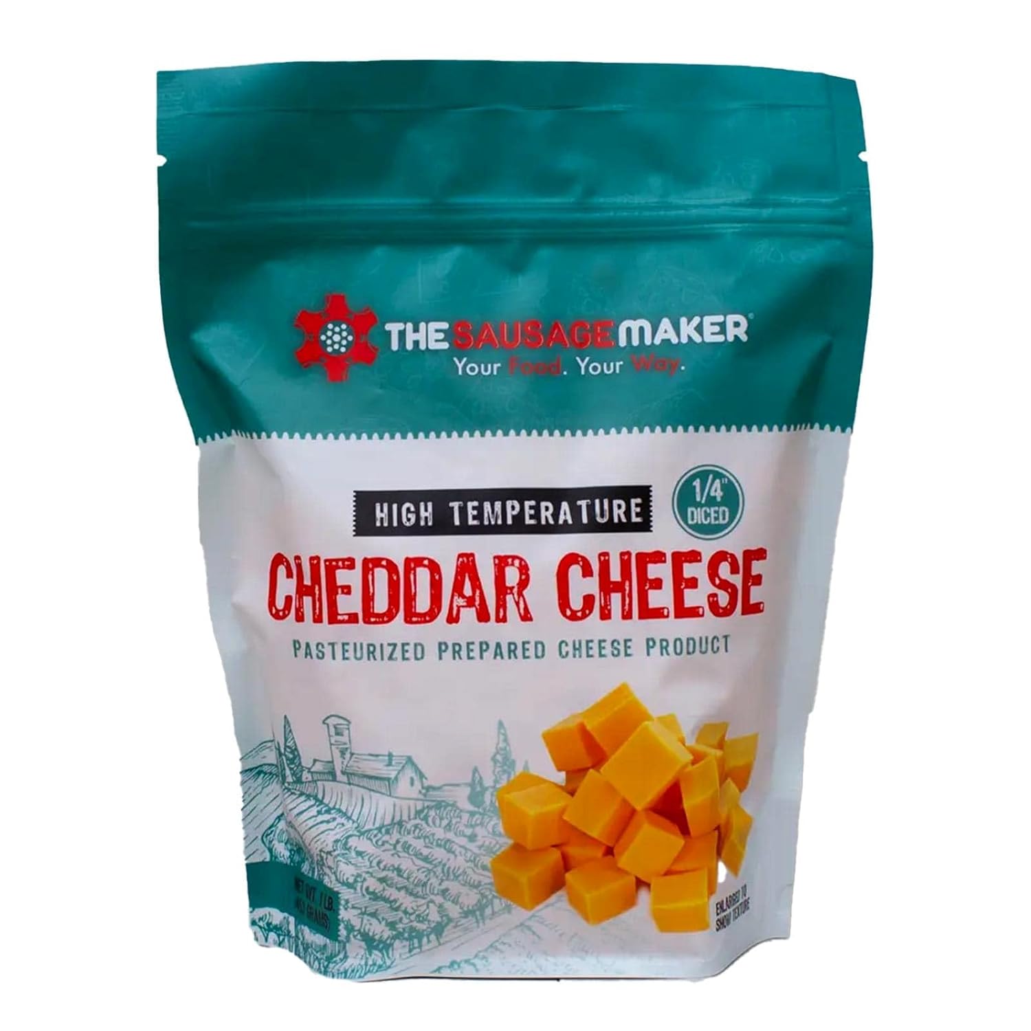 The Sausage Maker® High Temp Cheddar Cheese 1 Lb Hi-Temp Cheese For Sausage Making, 1/4" Diced Cube, 400° Temperature High Heat Cheese For Grilling, Salami, Snack Sticks, Summer Sausage