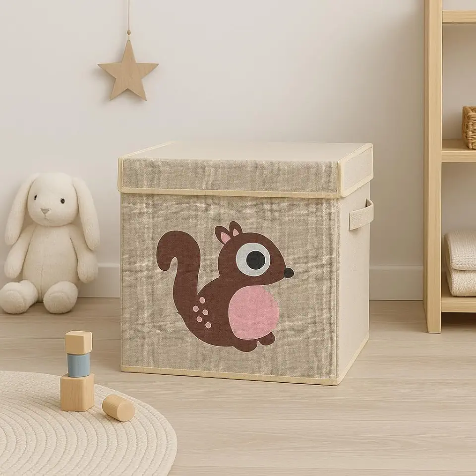 Caixa Organizadora Infantil Brinquedos Linho Tampa Baú Animal Box Oky's (ESQUILO)