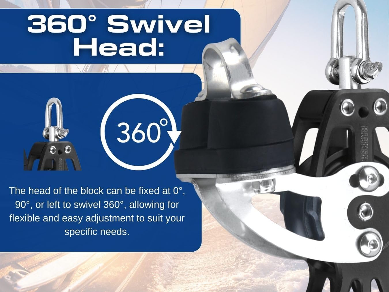 Blue Shark 2260-38 mm Single Swivel Fiddle Becket Adjustable Cam Aluminum Sailing Block - Max Line: 1/4” (6 mm), Safe Working Load (SWL): 900 lbs, Breaking Load: 2200 lbs (1-Pack)