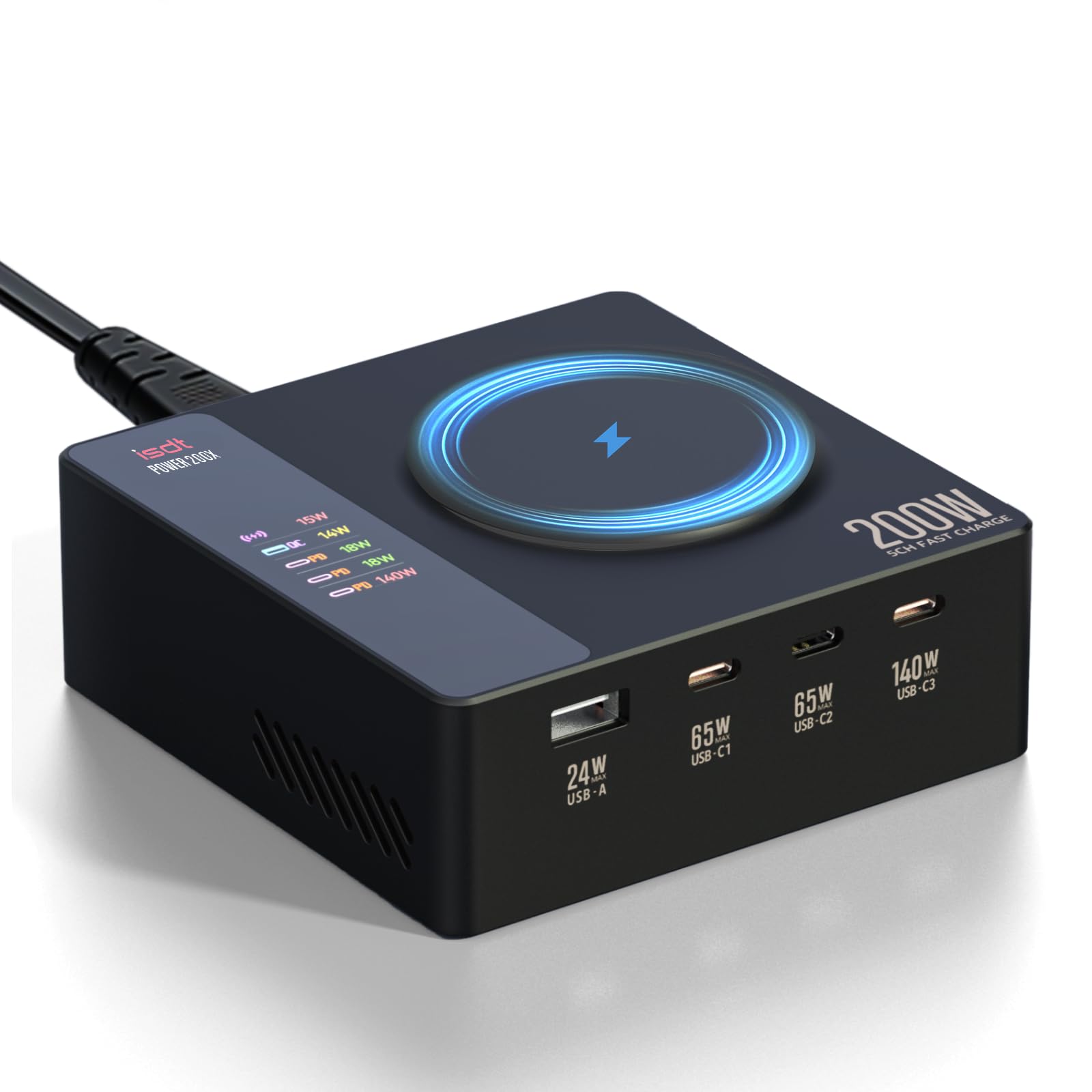 ISDT Power 200 Series USB C, 200W Phone with 4 USB+1 Wireless Ports, Fast Desktop Compatible with iPhone, Tablet, iWatch ect (Power 200X)