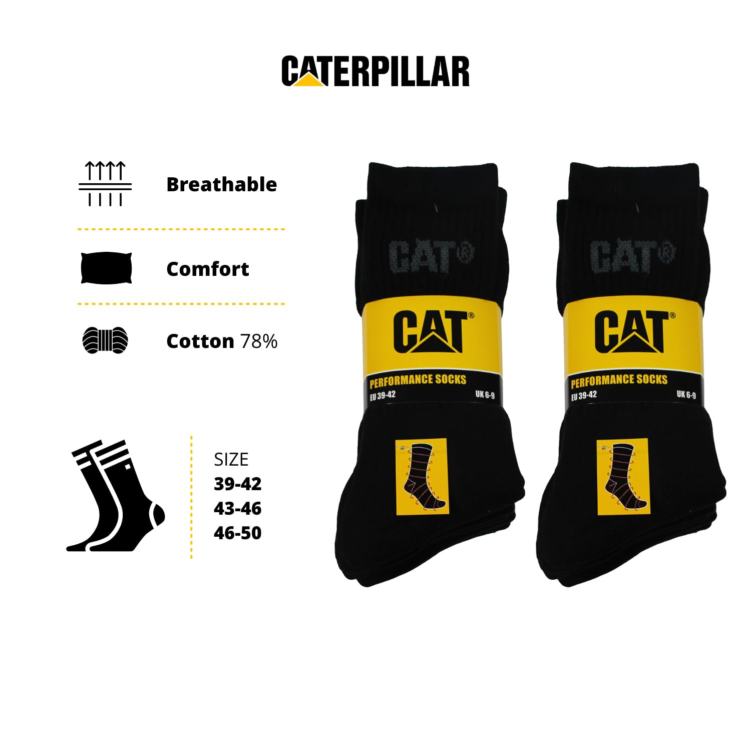 Caterpillar Performance Socks 10 Paia Calze Uomo, Soletta e Collo del Piede in Spugna, Punta e Tallone Rinforzati, Cotone