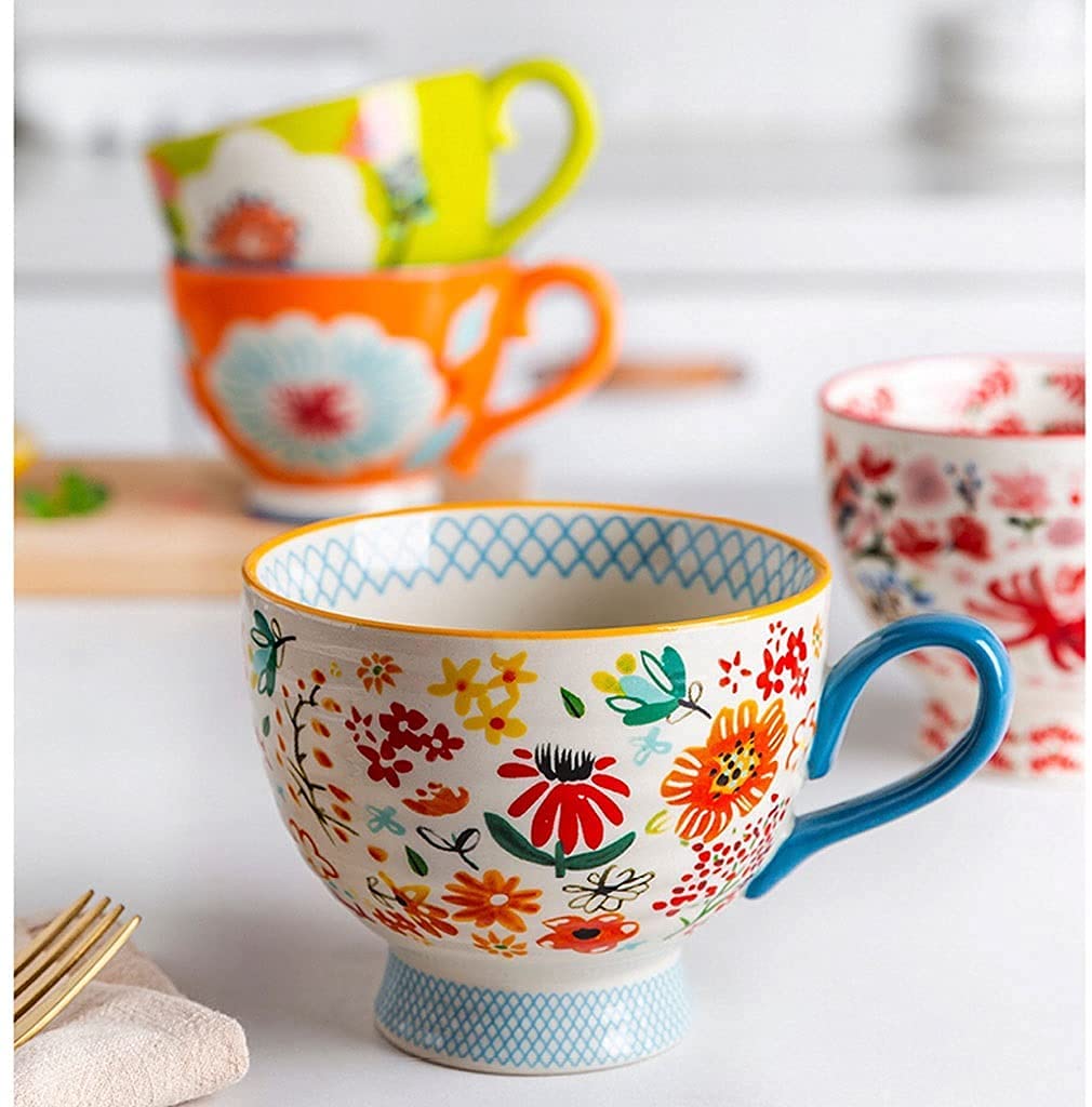 Kaffeetassen aus Glas mit Blumenmuster, Emaille-Glasbecher, Emaille-Blumen-Teeglas, Kaffeetasse, Glasbecher, europäische Retro-Keramiktasse, Frühstücks-Müsli-Tasse, Heimpaar, große Kapazität, Tee