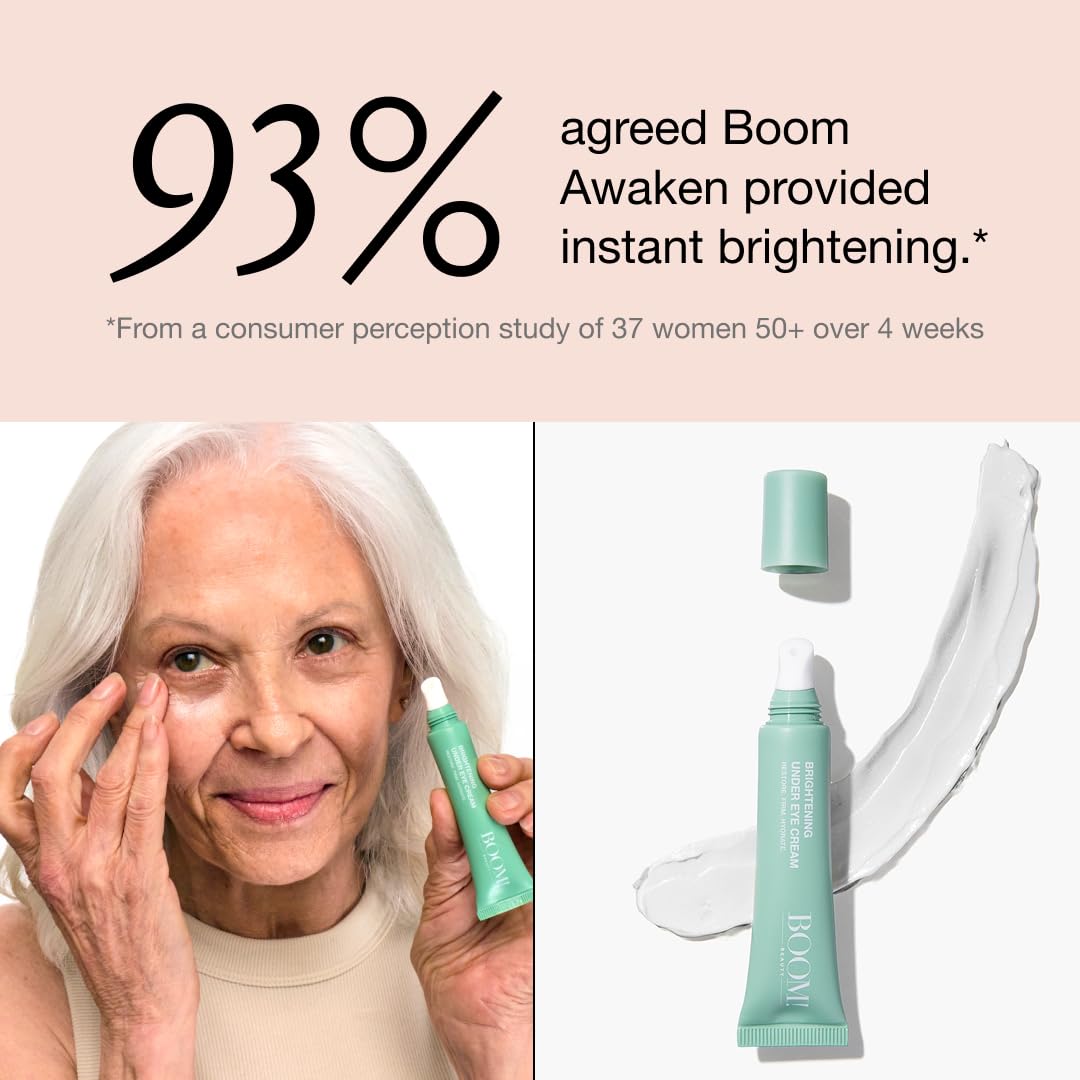 Boom Awaken Cooling Under Eye Cream - Targets Puffiness & Uneven Tone with Vitamin C, Licorice Root, Wild Mint, Green Tea & Hyaluronic Acid - Lightweight, Refreshing, Vegan Formula - 0.5 oz