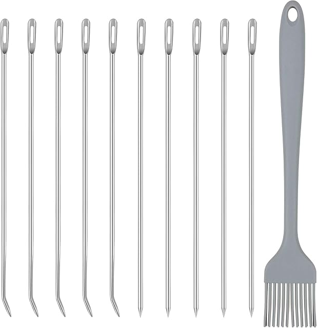 Hysagtek 10 Pcs Roasting Trussing Needles Butchers Meat Poultry Trussing Needle Stainless Steel Cooking Needles with Silicone Basting Brush for Securing Stuffed Turkey Chicken Roasts Rolled Meats