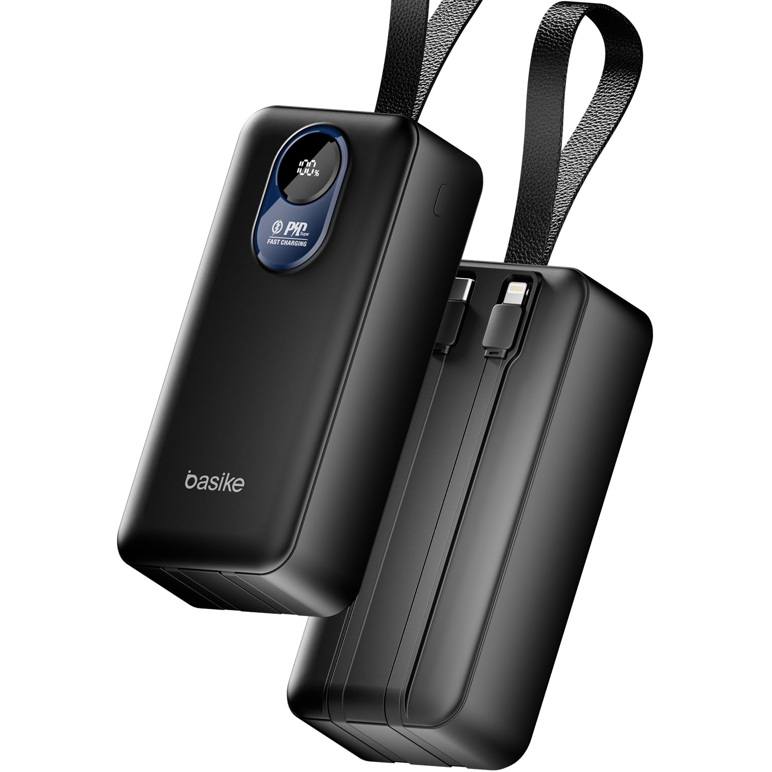 Basike Power Bank 30000mAh, Carregador Portátil, 2 Cabos Integrados (Preto) |