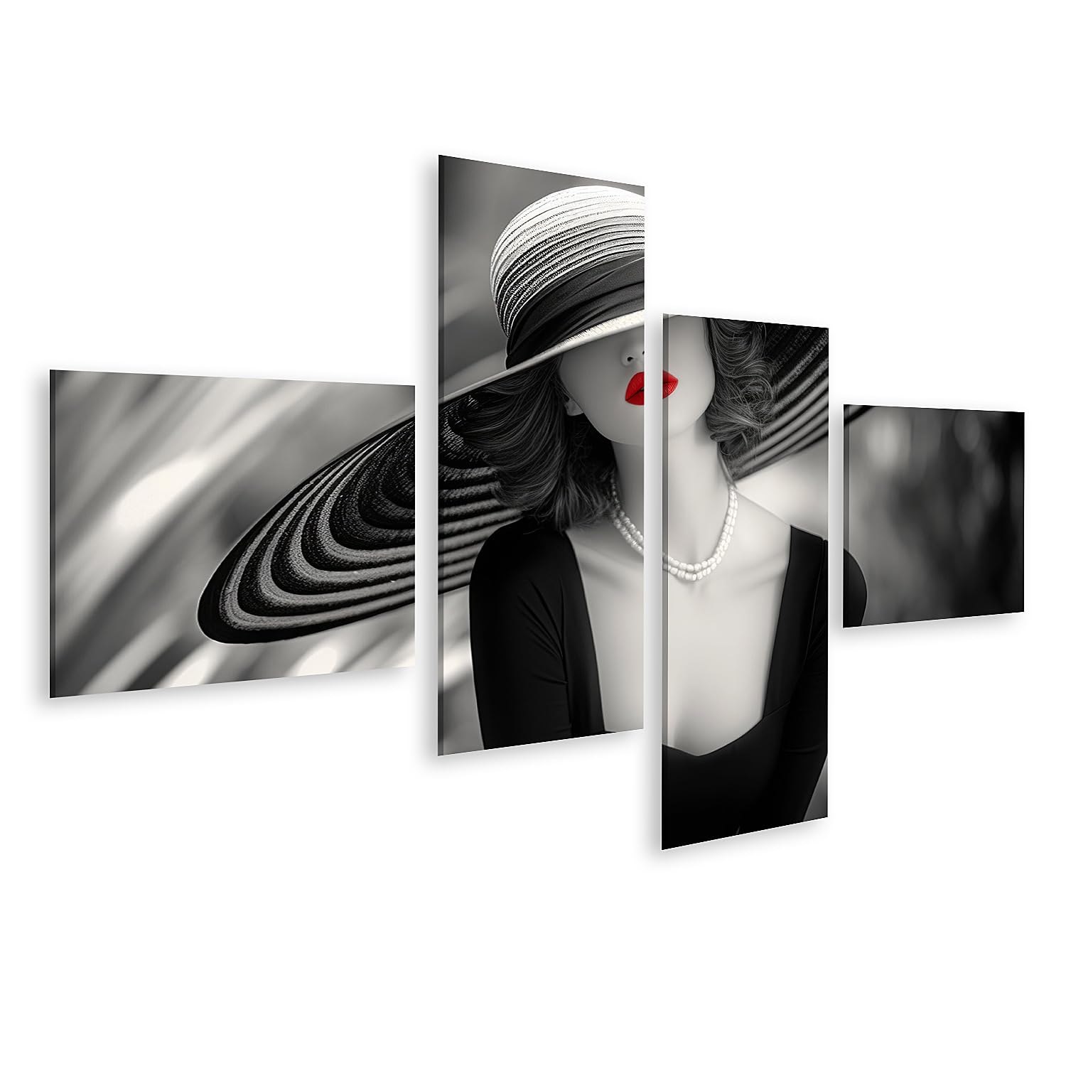 islandburner Tableau sur toile - Femme élégante avec chapeau et lèvres rouges en noir et blanc - Pour chambre à coucher - Tendance - Décoration murale
