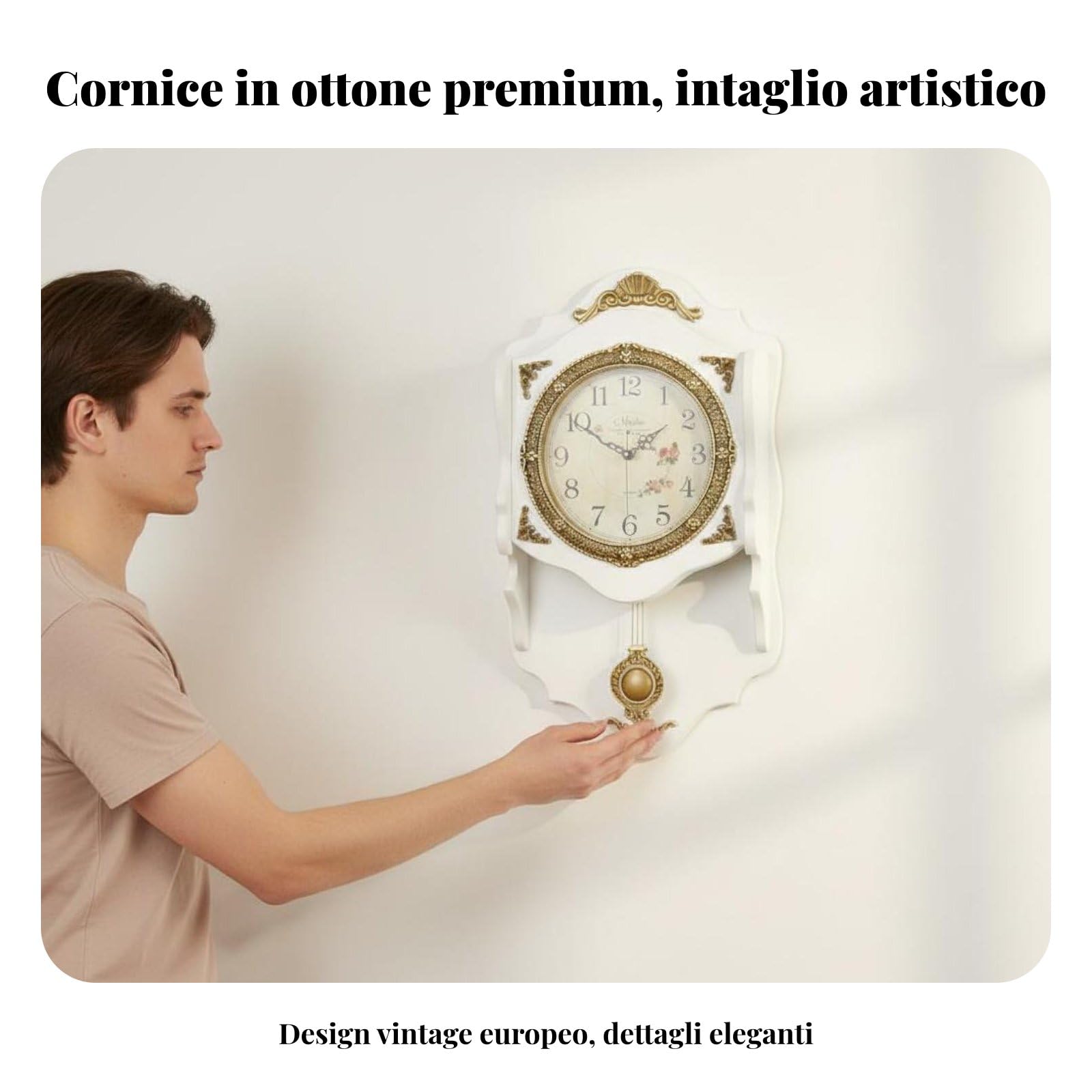 Orologio da Parete Vintage Orologio Sveglia Pendola Quadrante in Vetro Chiaro con Pannello Effetto Legno Telaio Metallico Durevole Funzione Silenziosa, 8270B