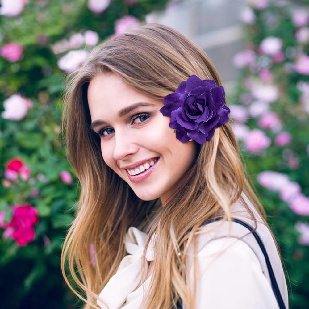 2PCS 3.94" Rose Hair Clips,Glamor Purple Flower Hair Clips,2 in 1 Bridal Flower Brooch,Weddings Weddings Large Rose Boho Hair Accessories for Women Girls - Image 4