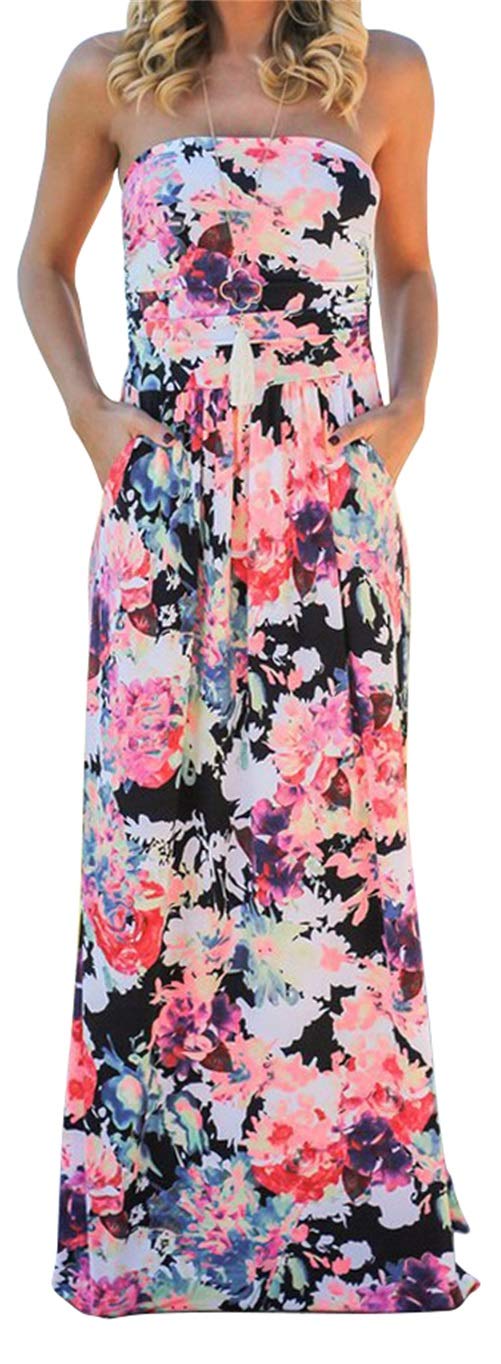 PRIMODA Womens Strapless Tube Top Maxi Dress Floral Boho Beach Dress with Pockets