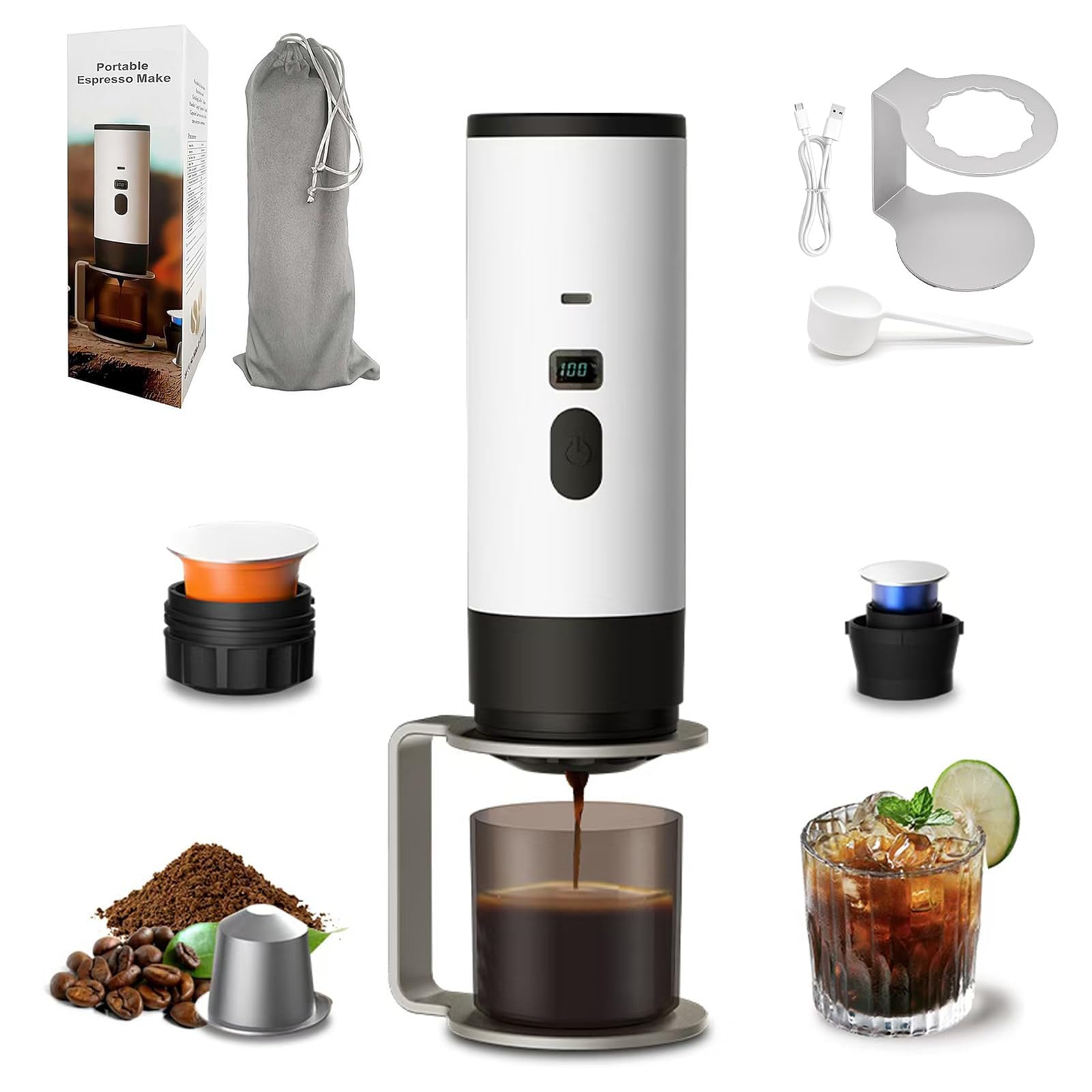 Cafetera portátil 3 en 1 con pantalla LED, tanque de 90 ml, autocalentamiento, compatible con café molido y cápsulas de espresso