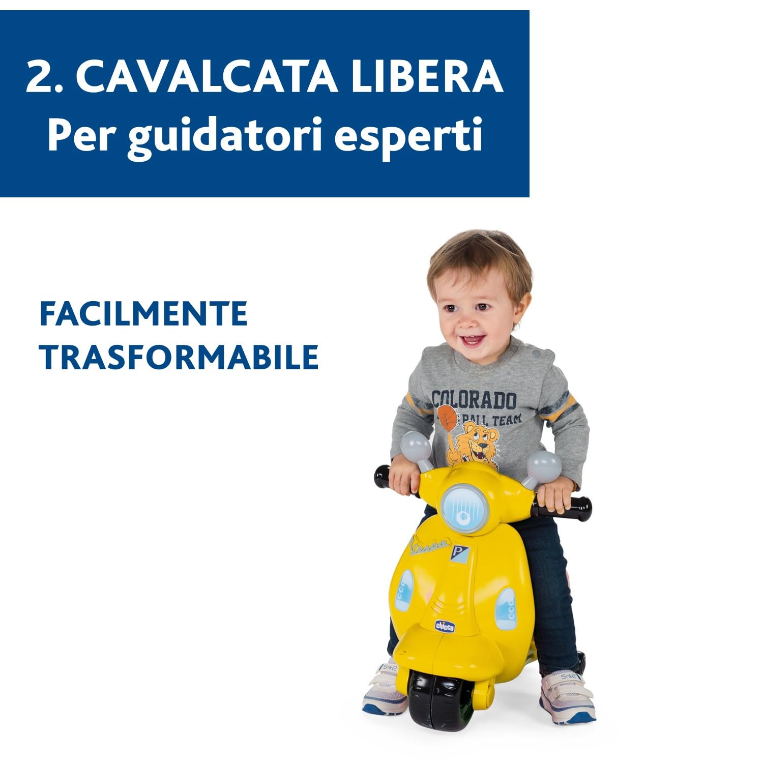 Chicco Vespa per Bambini, Moto Giocattolo Cavalcabile con Pannello Elettronico, Luci e Suoni, Ruote di Supporto Rimuovibili, Max 25 Kg - Giochi per Bambini 1-3 Anni, Giallo