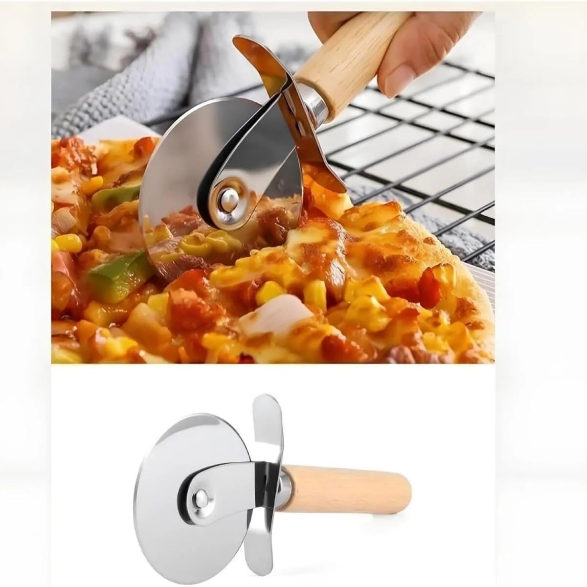 Pizza Kesici – Ahşap Saplı Paslanmaz Çelik, Yuvarlak Bıçaklı Pizza Dilimleyici | Ergonomik, Dayanıklı, Şık Tasarım