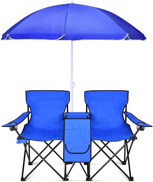Flexzion Double Folding Beach Chair with Umbrella Table Cooler and Bag, Portable Compact Folding Chair, 2 Person Camping Chair with Canopy for Adults and Kids, Outdoor Fold Up Chair, Blue