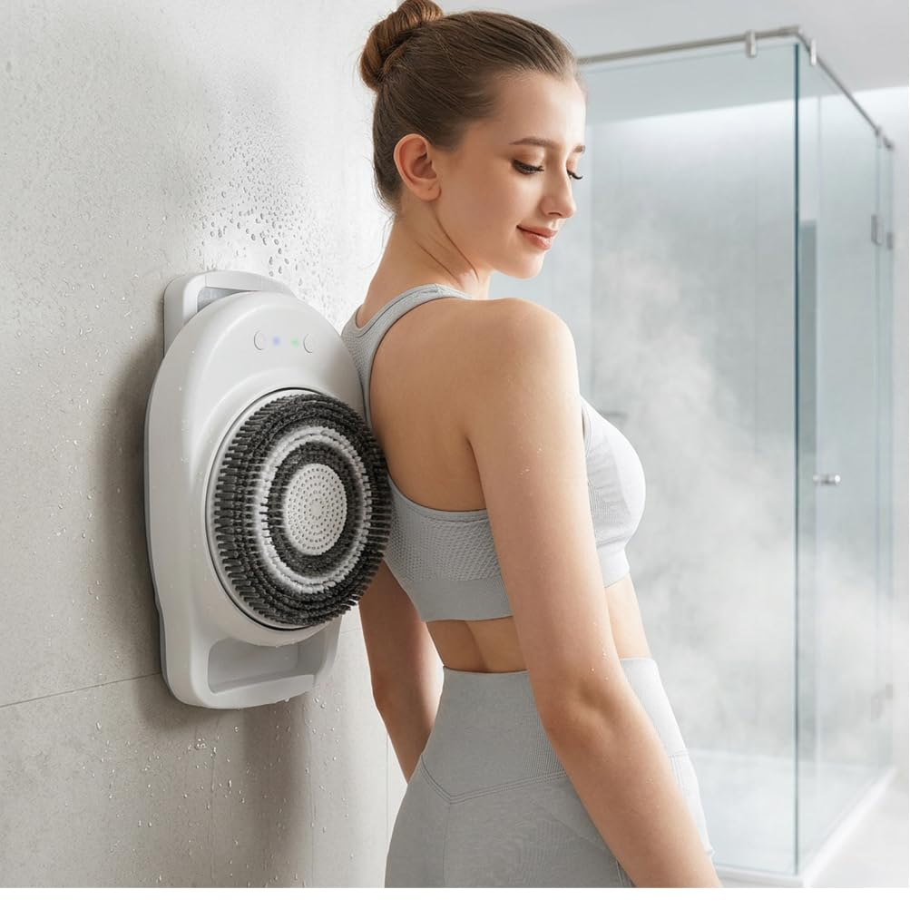 Fregador de espalda eléctrico para pared de ducha, cepillo de ducha automático manos libres con cabezal de 18 cm de ancho y 3 velocidades, fregador de espalda montado en la pared para bañarse fácilme